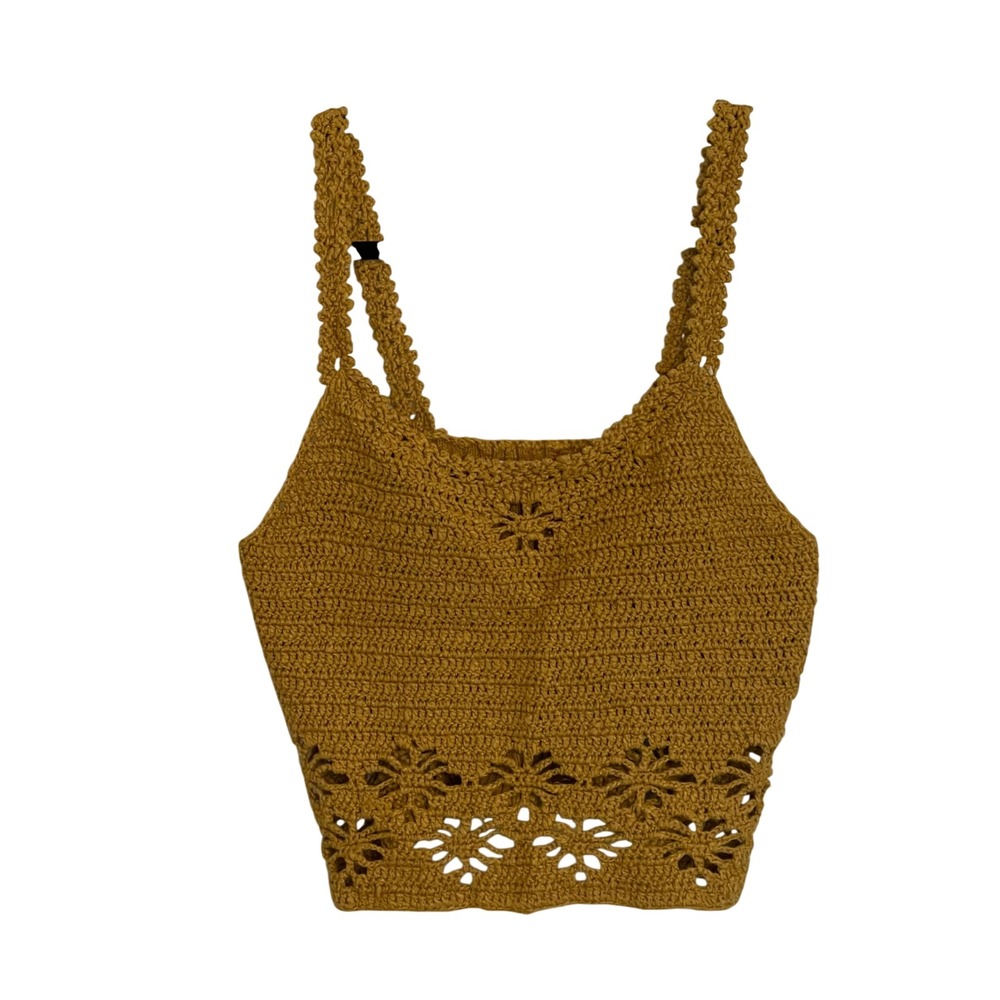 American Eagle Mustard Yellow Crochet Floral Eyelet Crop Tank Top Small Boho
